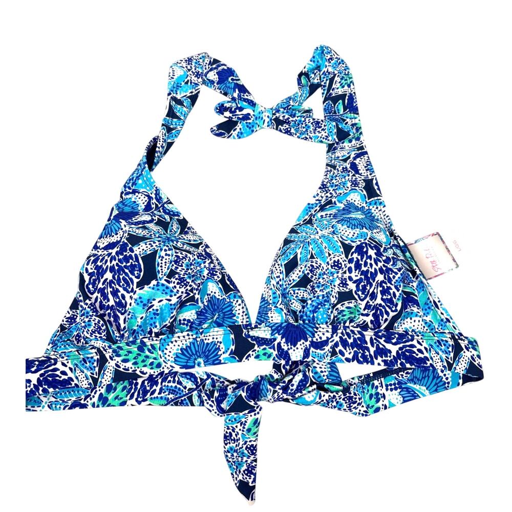 Stella Parker Womens L Blue Floral Print Halter Bikini Top Tie Back Coastal NEW
